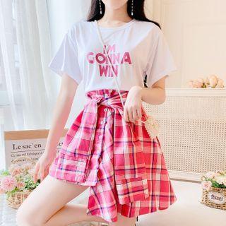 Set: Lettering T-shirt + Asymmetric Plaid Mini A-line Skirt