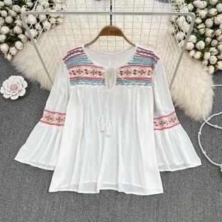 Bell Sleeve Tassel Embroidered Blouse