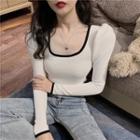 Contrast Trim Puff-sleeve Knit Top