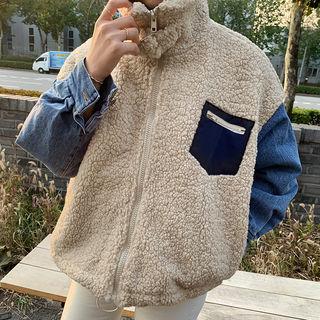 Denim-sleeve Dumble Zip Jacket Beige - One Size