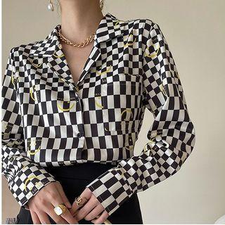 Plaid Smiley Face Print Top