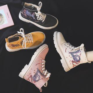 Printed Canvas Lace-up Short Boots