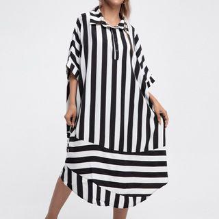 Elbow-sleeve Striped Blouse Stripes - Black & White - One Size