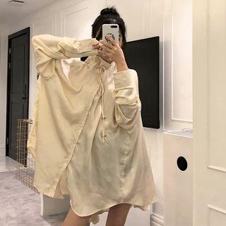 Plain Irregular Long-sleeve Loose-fit Dress Almond - One Size