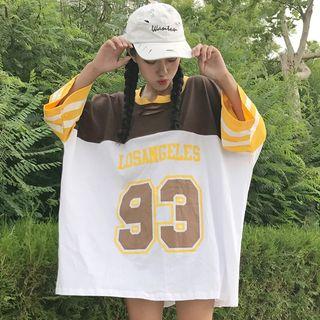 3/4-sleeve Numbering Oversized Ripped Top