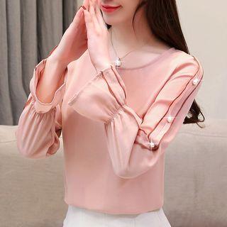 Faux Pearl Accent Long-sleeve Chiffon Dress