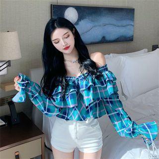 Long-sleeve Off-shoulder Ruffle Trim Plaid Blouse Blue - One Size