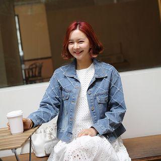Faux-pearl Textured Denim Jacket Blue - One Size