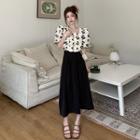 Square-neck Flower Print Shirt + Plain Midi Skirt