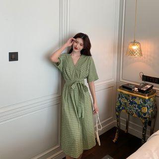 Tie-waist Plaid Short-sleeve Midi Dress Green - One Size
