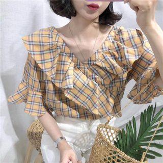 Short-sleeve Plaid Ruffle Blouse