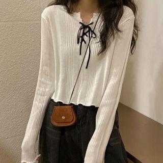 Long-sleeve Lace-up Lettuce Edge Knit Crop Top