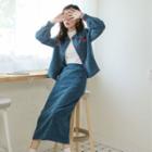Flower Embroidered Corduroy Jacket / Midi A-line Skirt