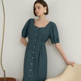Square-neck Pintuck Ruffled Long Dress