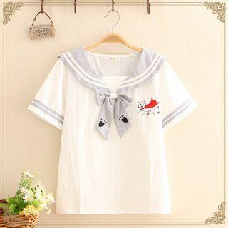 Cat Printed Tie-neck Top