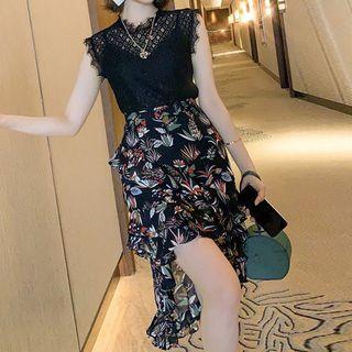 Set: Sleeveless Lace Top + Camisole + Ruffle Trim Print Midi A-line Skirt
