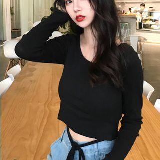 Long-sleeve Tie-waist Cropped T-shirt