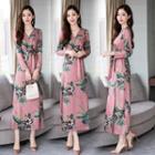 Long-sleeve Floral Print Midi Wrap Dress