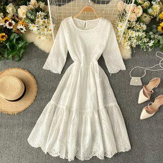 Elbow-sleeve Midi A-line Eyelet Lace Dress White - One Size