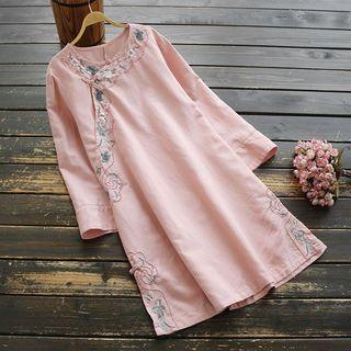 Flower Embroidered Long-sleeve Shift Dress