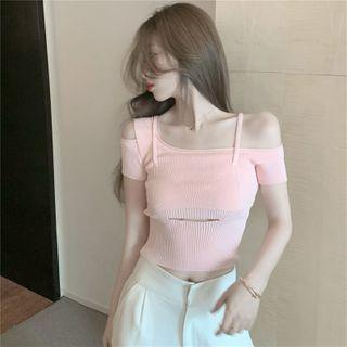 Short-sleeve Cold-shoulder Knit Top Pink - One Size