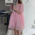 Puff-sleeve Mesh Overlay Mini A-line Dress Pink - One Size