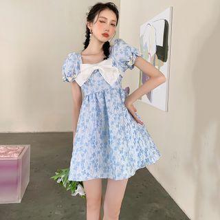 Puff-sleeve Square-neck Bow Floral Dress