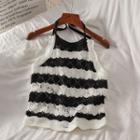 Striped Pointelle Knit Halter Top Stripe - Black & White - One Size
