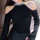 Cold Shoulder Long-sleeve Knit Top Black - One Size