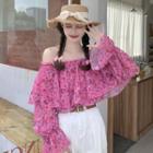 Long-sleeve Off-shoulder Floral Print Blouse Top - Pink - One Size
