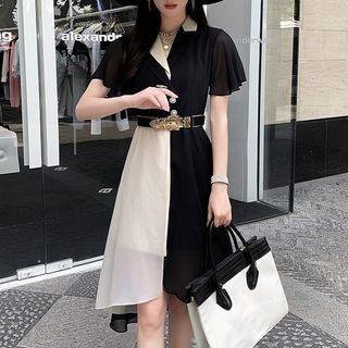 Short-sleeve Two Tone Chiffon Midi Dress