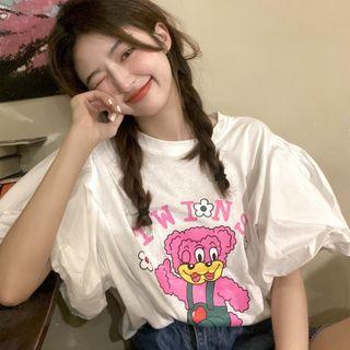 Puff-sleeve Bear Print T-shirt