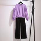 Set: Bow Pullover + Drawstring-waist Wide-leg Pants