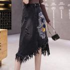 Flower Applique Fringed Denim Midi A-line Skirt
