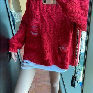 Distressed Cable-knit Sweater / Plain Long T-shirt