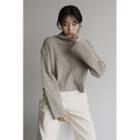 High-neck Wool Blend Ribbed Sweater Beige - One Size