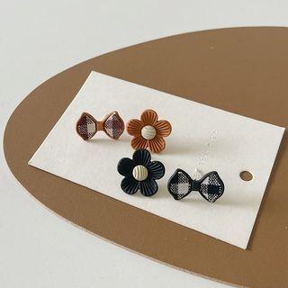 Flower Bow Plaid Fabric Asymmetrical Alloy Earring