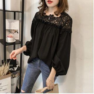 Puff-sleeve Perforated Lace Paneled Chiffon Blouse
