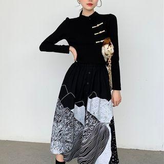 Two-tone Print Midi A-line Skirt