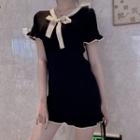 Lettuce Edge Bow Tie Short-sleeve Mini Knit Dress Black - One Size