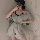 Short-sleeve Hooded Playsuit Light Gray - One Size