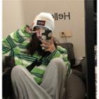 Color Block Logo Striped T-shirt Green - One Size
