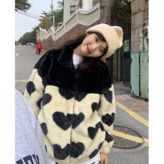 Fluffy Heart Pattern Zip Jacket