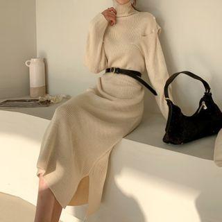 Slit-hem Midi A-line Turtleneck Sweater Dress Beige - One Size