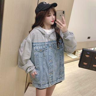 Long-sleeve Denim Panel Hooded Jacket As Shown In Figure - One Size