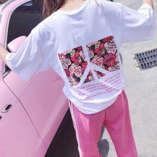 Set: Flower Print Short-sleeve T-shirt + Striped Cropped Harem Pants