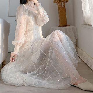 Lantern-sleeve Mesh Maxi A-line Dress