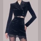 Set: Rhinestone Crop Blazer + A-line Skirt