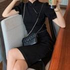 Puff-sleeve Frog-button Sheath Dress