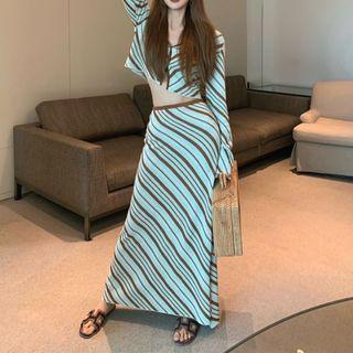 Long-sleeve Pattern Cropped Top / Maxi Skirt